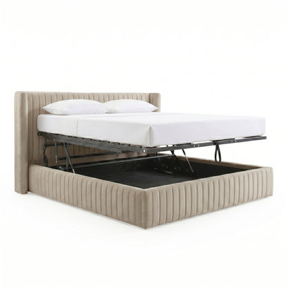 Nina King Velvet Gas Lift Storage Bed Frame in Warm Grey