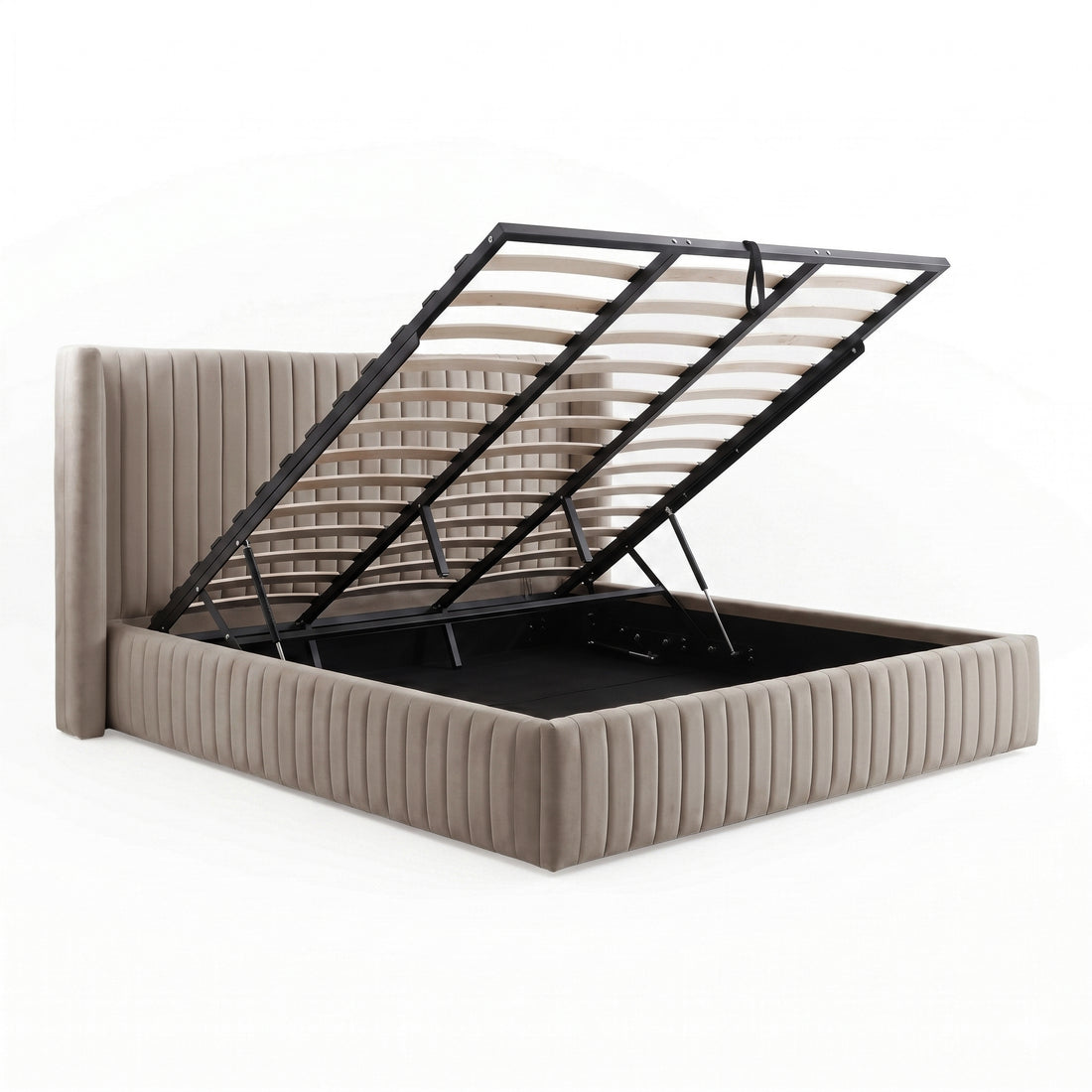 Three-quarter view of upholstered storage bed with open base on white background