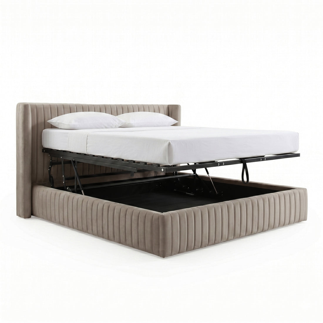 Warm grey velvet king bed frame with gas lift storage base raised, white mattress and pillows on white background