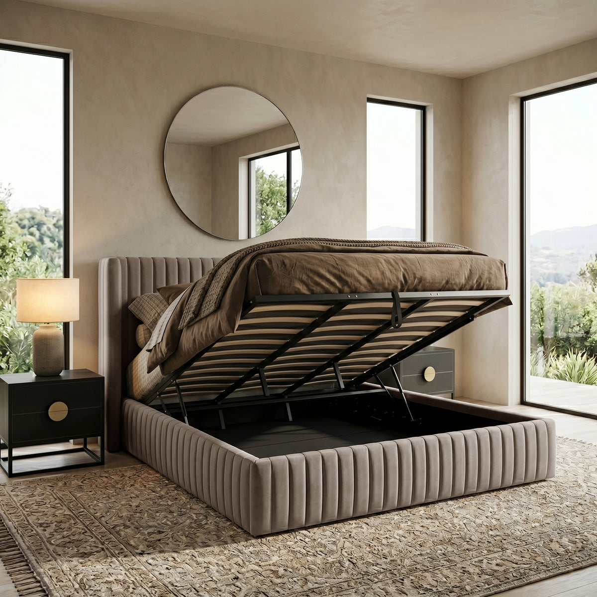 King storage bed with open under-bed compartment in a styled bedroom