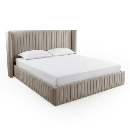 Warm grey upholstered king bed front view with mattress and pillows on white background