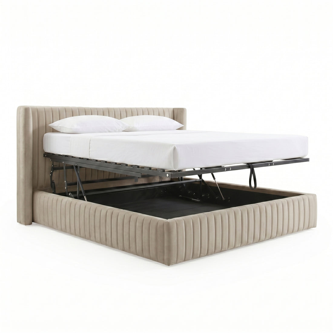Nina Queen Velvet Gas Lift Storage Bed Frame in Warm Grey