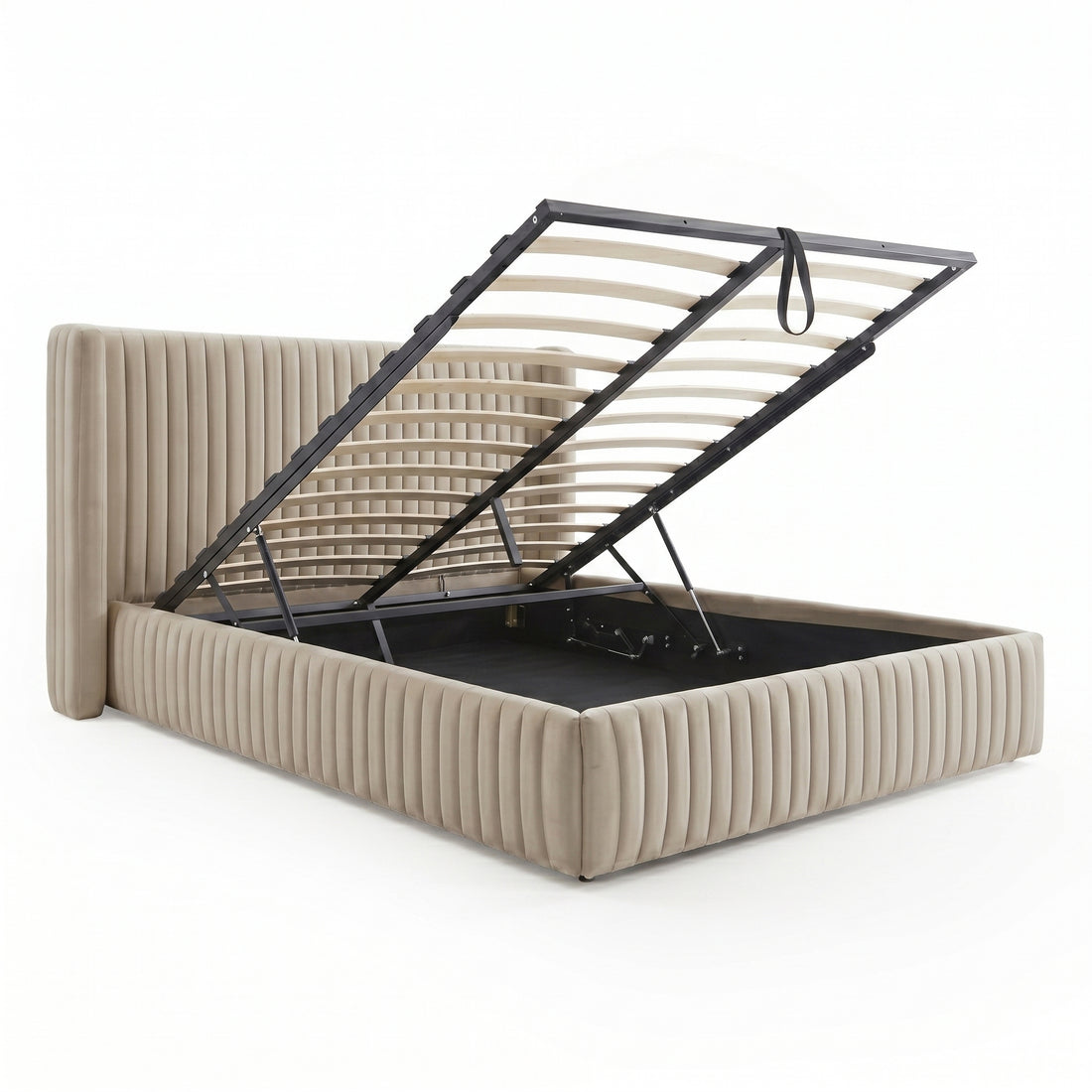 Nina Queen Velvet Gas Lift Storage Bed Frame in Warm Grey