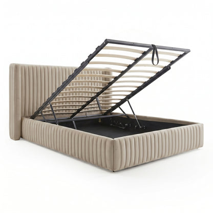 Nina Queen Velvet Gas Lift Storage Bed Frame in Warm Grey