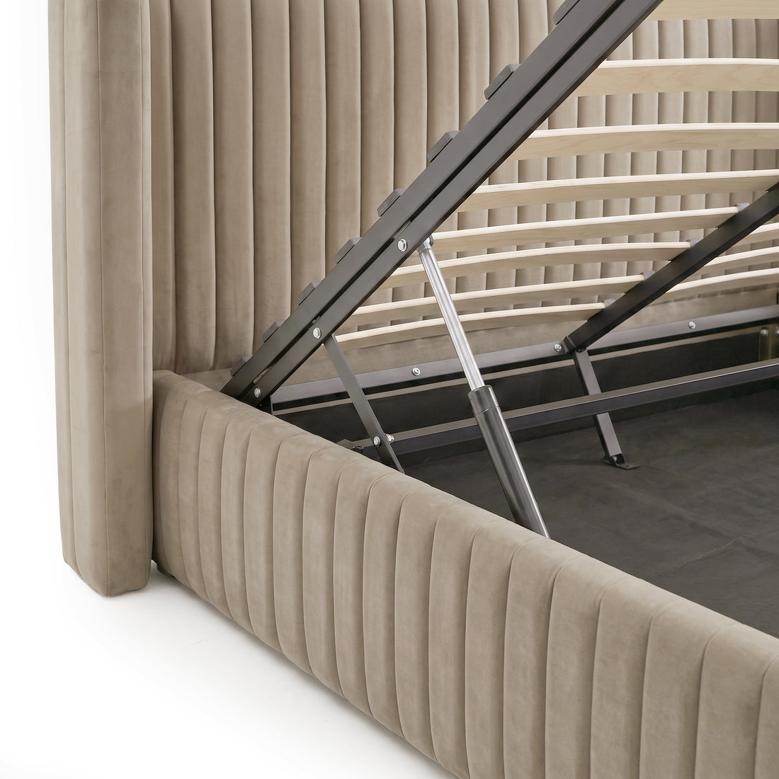 Nina Queen Velvet Gas Lift Storage Bed Frame in Warm Grey