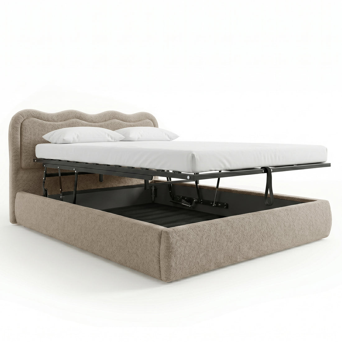 Noemi King Boucle Gas Lift Storage Bed Frame in Beige