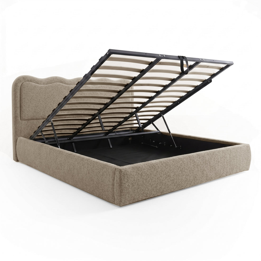 Noemi King Boucle Gas Lift Storage Bed Frame in Beige