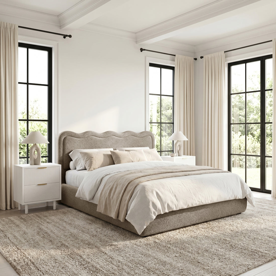 Noemi King Boucle Gas Lift Storage Bed Frame in Beige