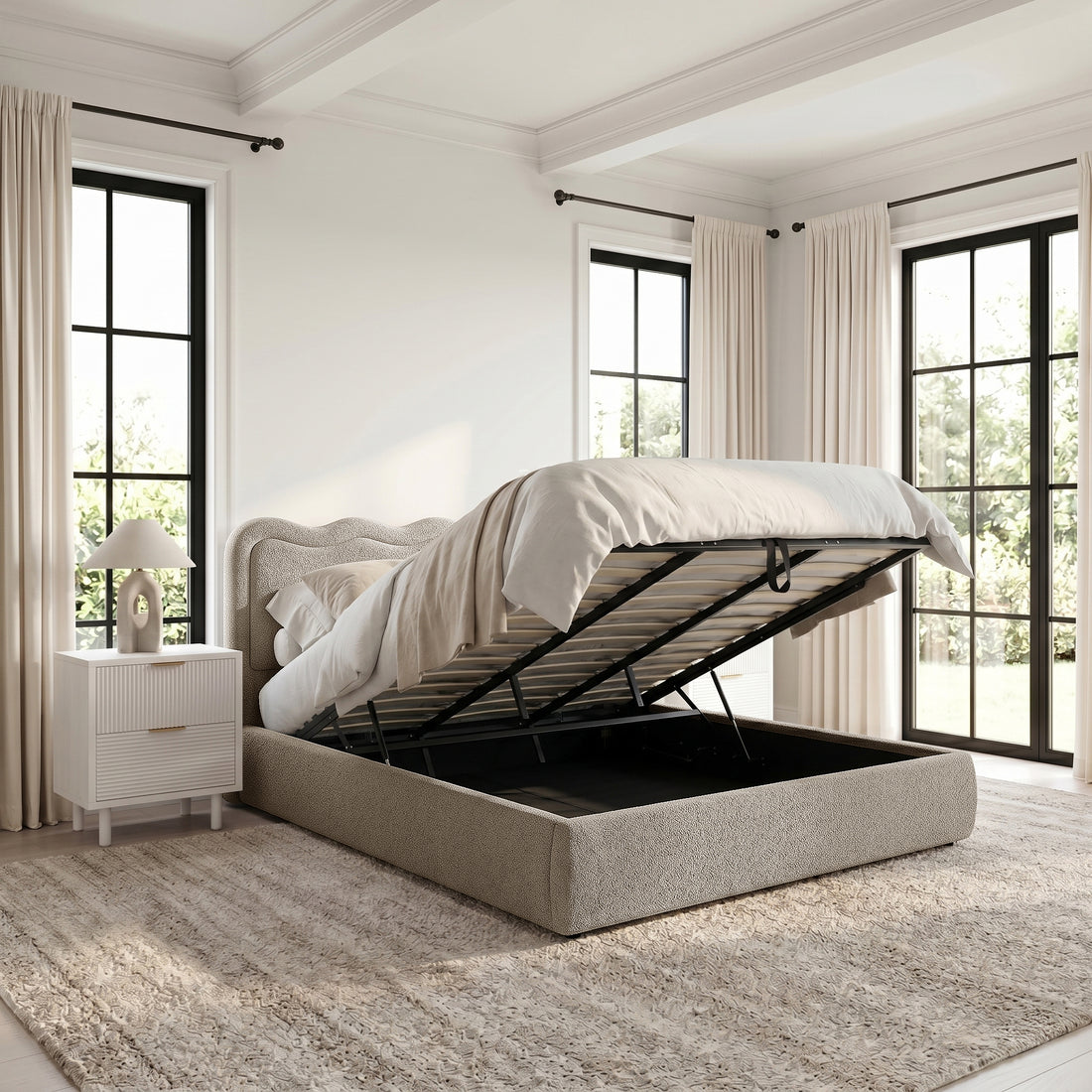 Noemi King Boucle Gas Lift Storage Bed Frame in Beige