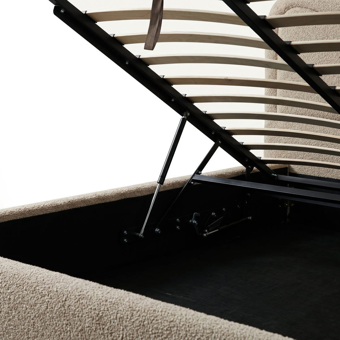 Noemi King Boucle Gas Lift Storage Bed Frame in Beige
