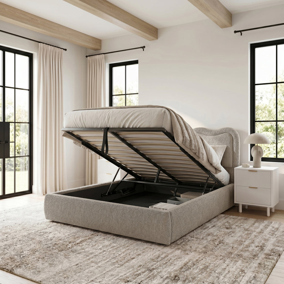 Noemi Queen Boucle Gas Lift Storage Bed in Beige