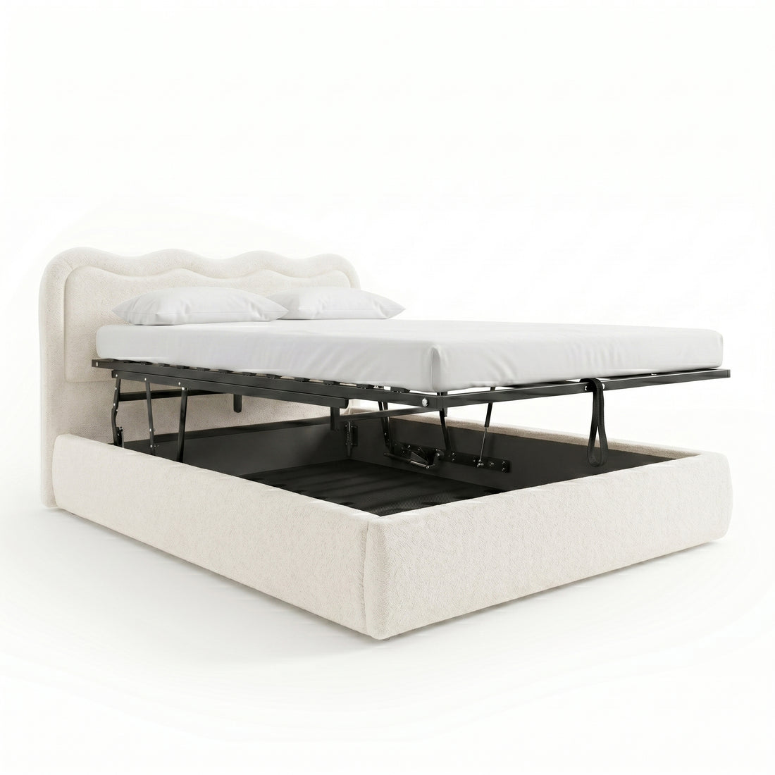 Noemi Queen Boucle Gas Lift Storage Bed in Cream White