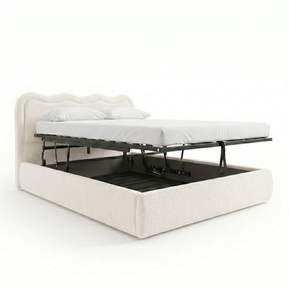 Noemi Queen Boucle Gas Lift Storage Bed in Cream White