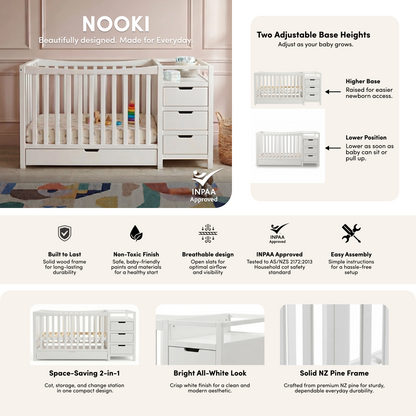 Nooki Solid Timber Cot with Storage in White styled in a room setting