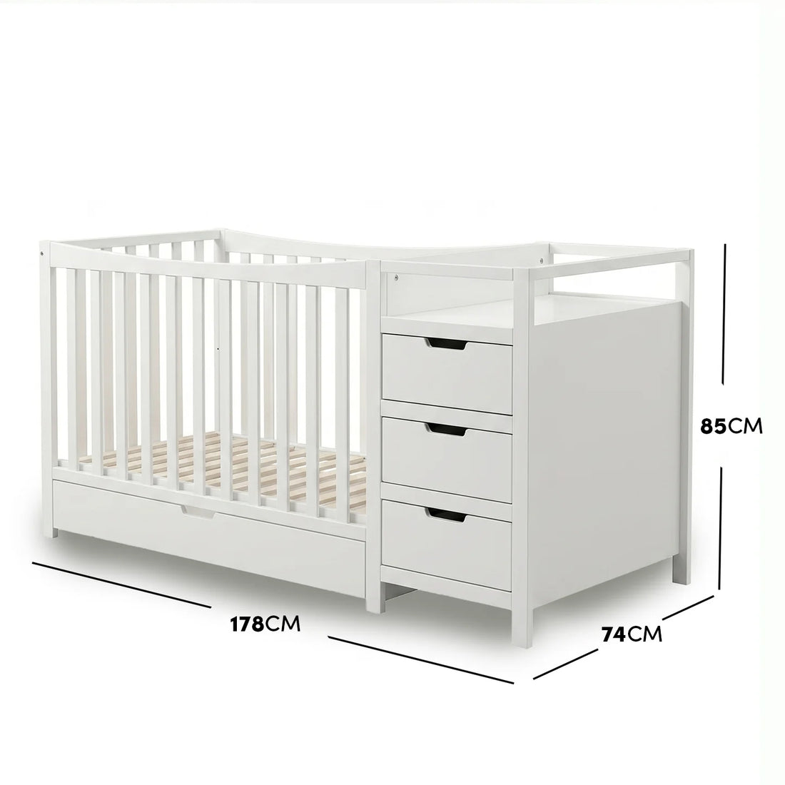Natural wood and white infant crib featuring an attached storage chest with measurements.