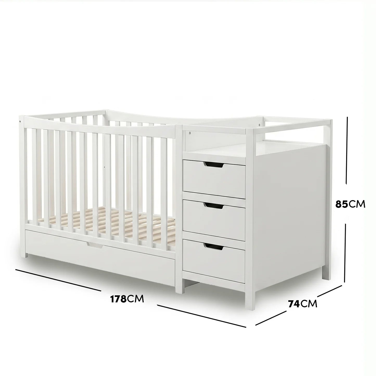 Natural wood and white infant crib featuring an attached storage chest with measurements.