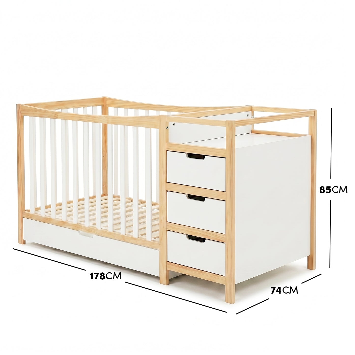 Timber baby cot with integrated white 3-drawer change table and dimensions.