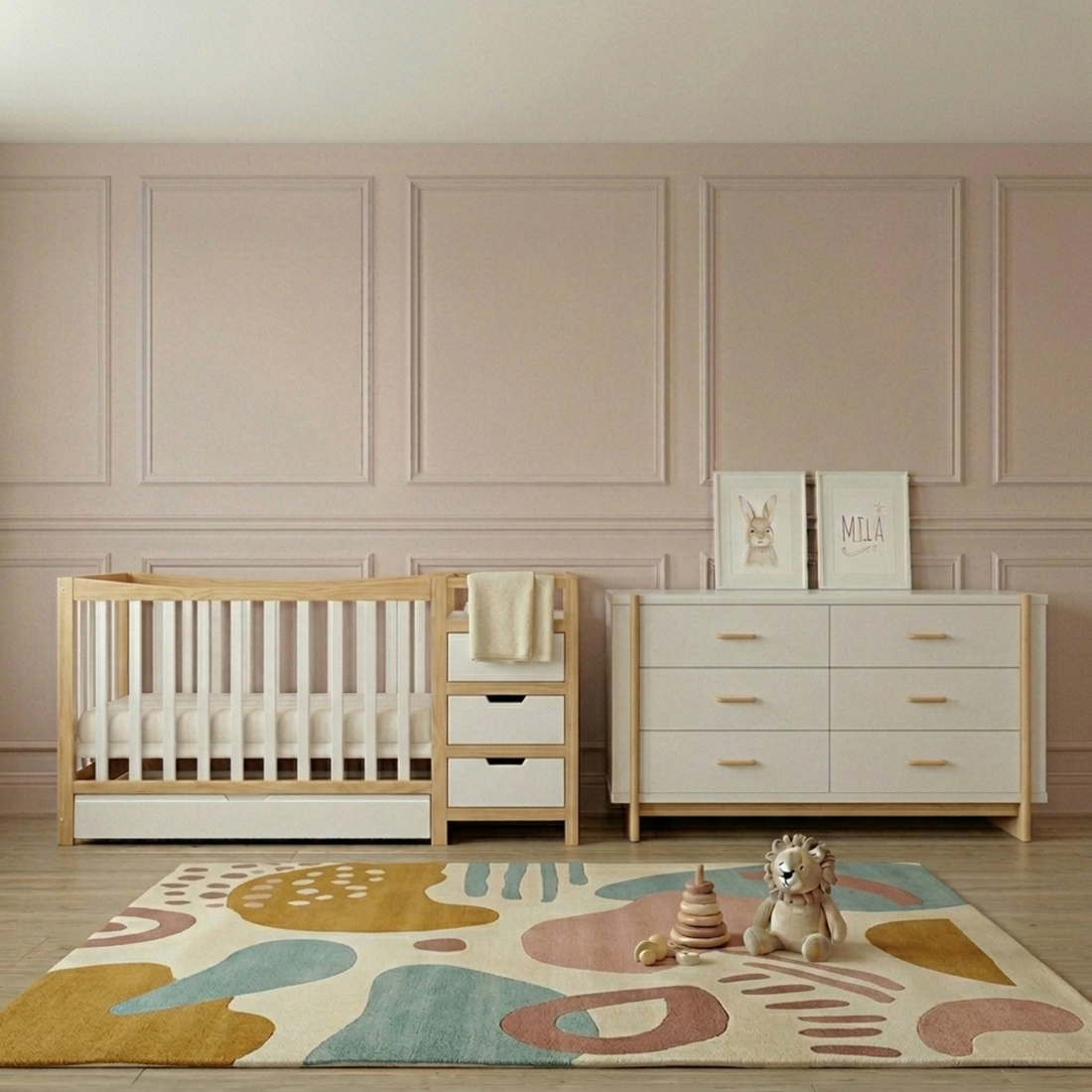 Nooki Solid Timber Cot with Storage in Natural & White