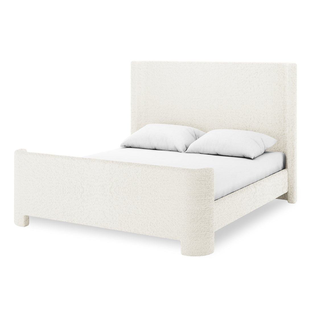 Palmira Queen Boucle Fabric Bed Frame in Cream White features a tall headboard and low footboard with rounded corners, upholstered in plush boucle fabric, enhancing modern bedrooms with its sleek, elegant design.
