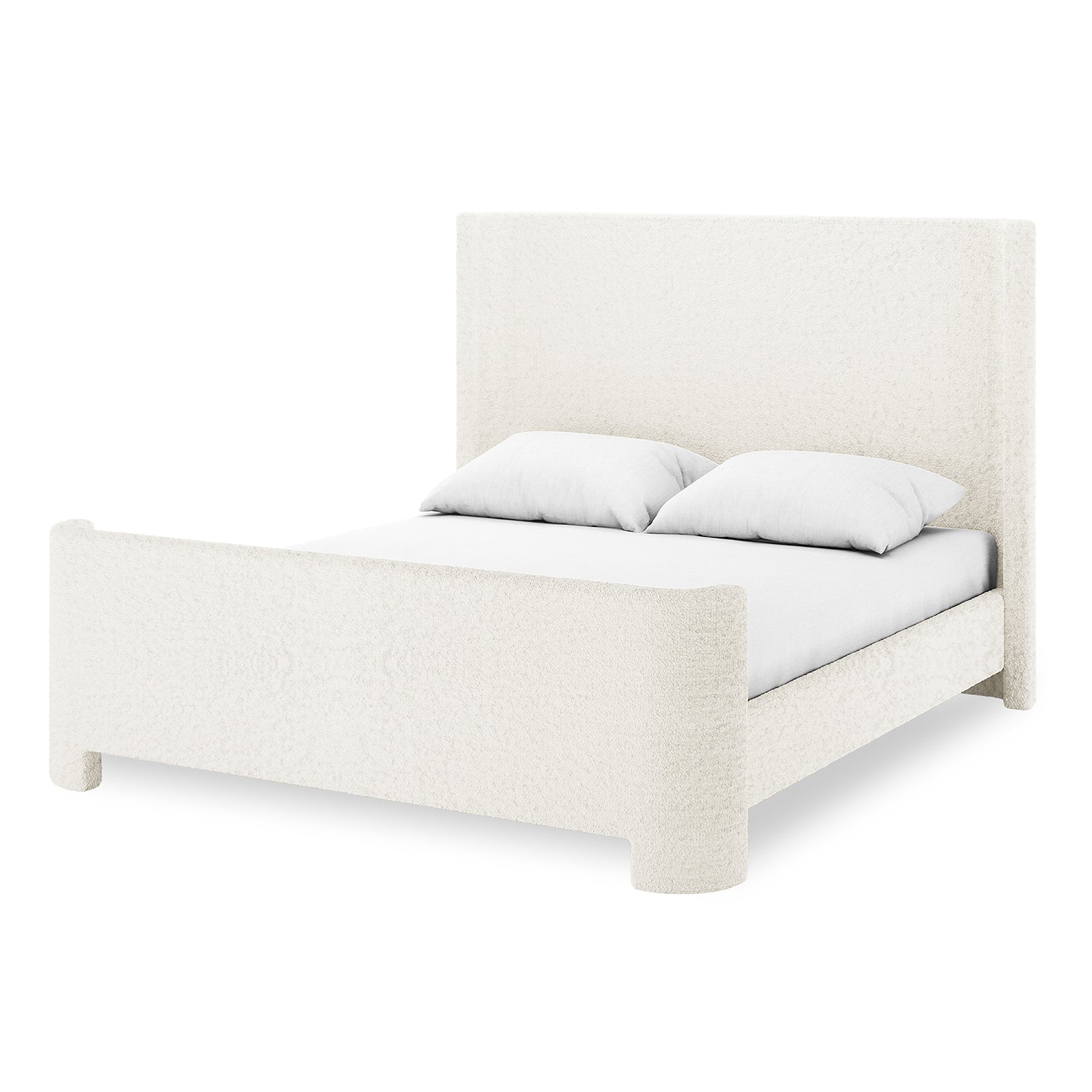 Palmira Queen Boucle Fabric Bed Frame in Cream White features a tall headboard and low footboard with rounded corners, upholstered in plush boucle fabric, enhancing modern bedrooms with its sleek, elegant design.