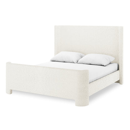 Palmira Queen Boucle Fabric Bed Frame in Cream White features a tall headboard and low footboard with rounded corners, upholstered in plush boucle fabric, enhancing modern bedrooms with its sleek, elegant design.