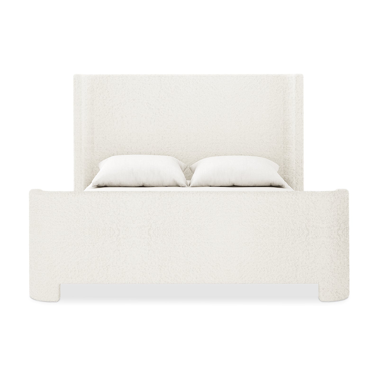 Palmira Queen Boucle Fabric Bed Frame in Cream White, featuring a tall headboard and footboard in soft bouclé fabric, complete with two pillows on the mattress for a modern, elegant bedroom look.