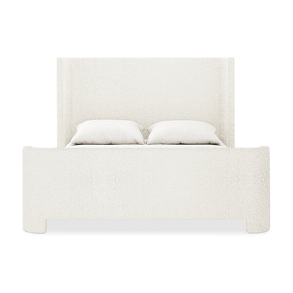 Palmira Queen Boucle Fabric Bed Frame in Cream White, featuring a tall headboard and footboard in soft bouclé fabric, complete with two pillows on the mattress for a modern, elegant bedroom look.