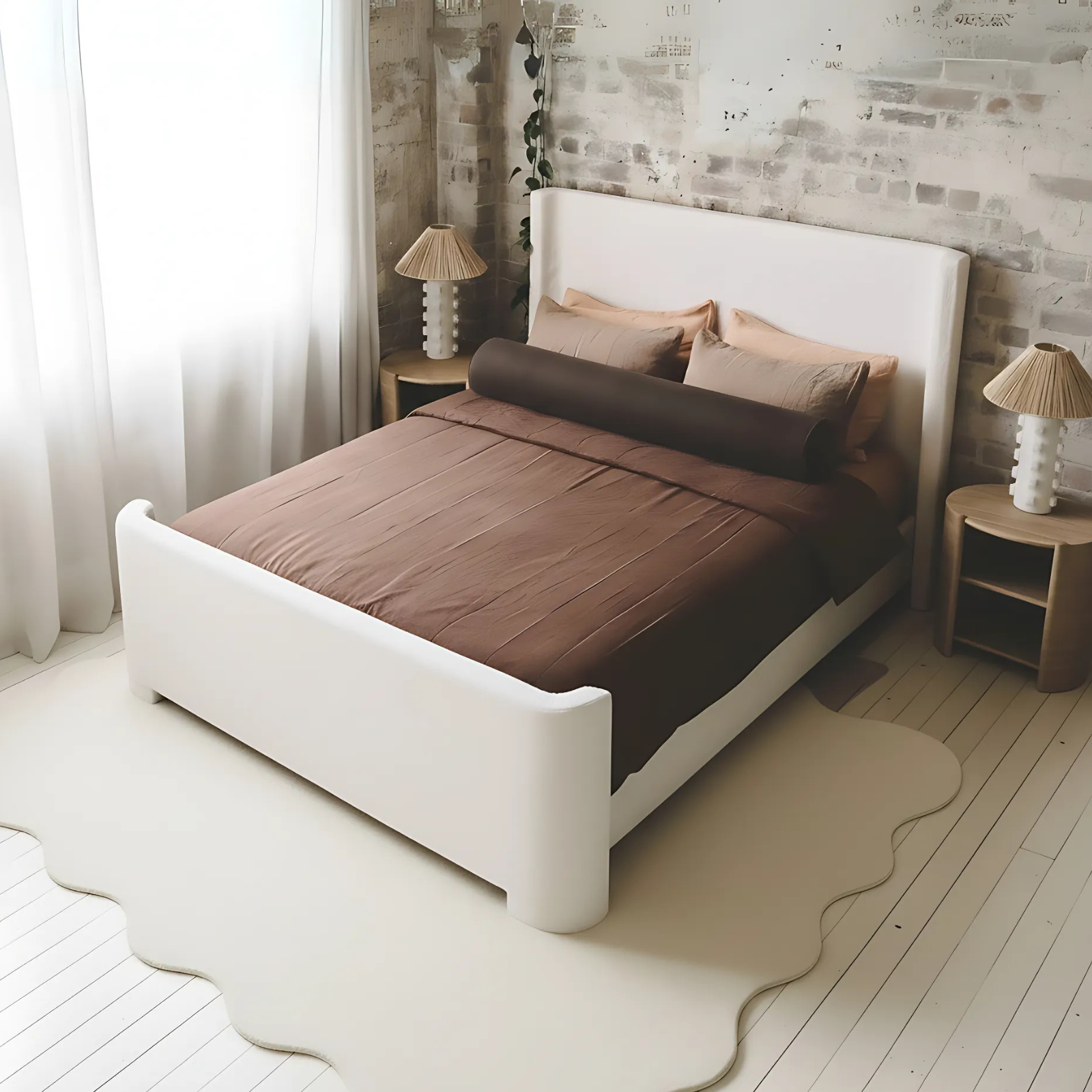 Palmira Queen Boucle Fabric Bed Frame in Cream White, featuring a low-profile upholstered design with a sleek sleigh silhouette, set against a white-washed brick wall and complemented by warm brown bedding.