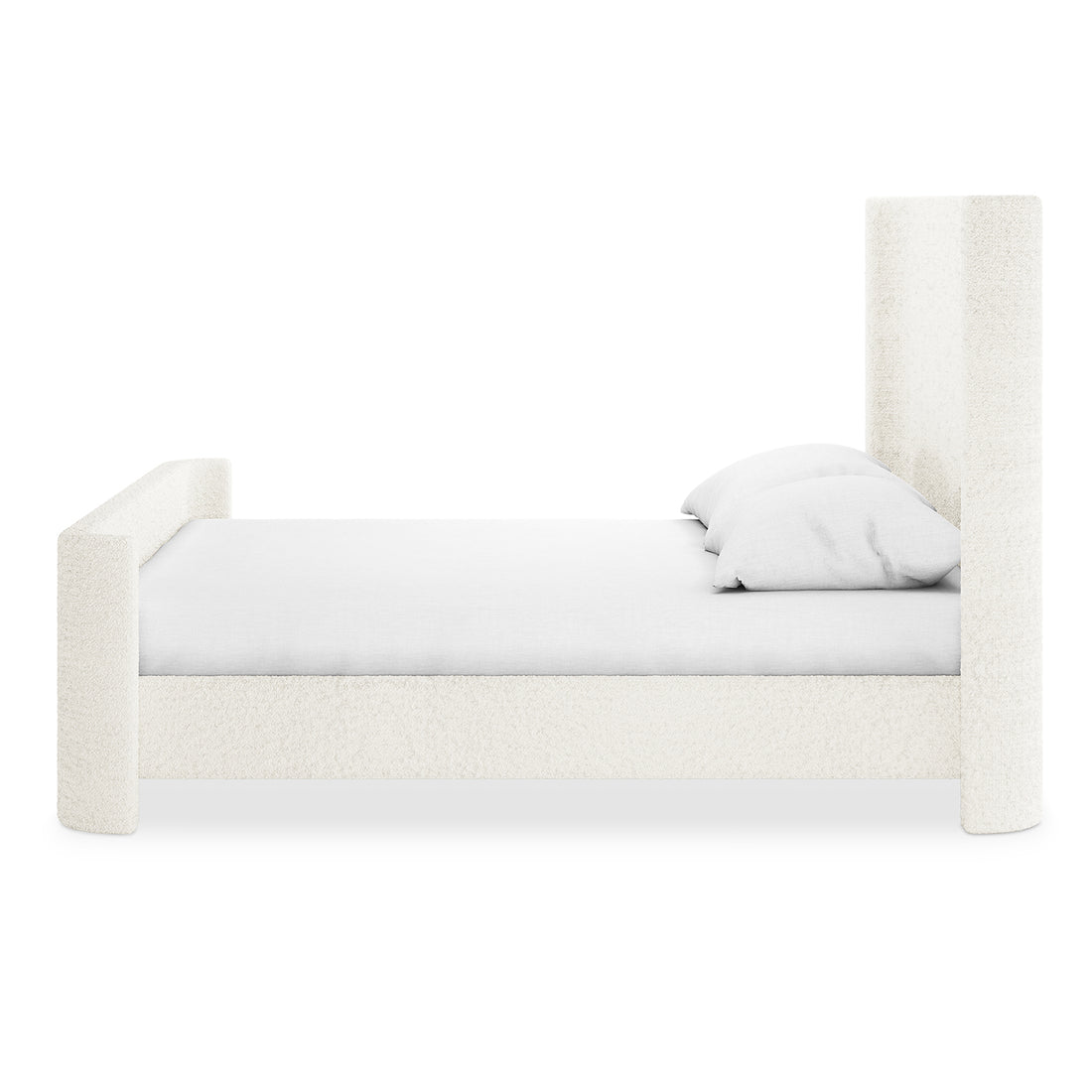 Palmira Queen Boucle Fabric Bed Frame in Cream White, featuring a tall headboard and shorter footboard with off-white bouclé upholstery. Sleigh silhouette supports a mattress with white linens and pillows.