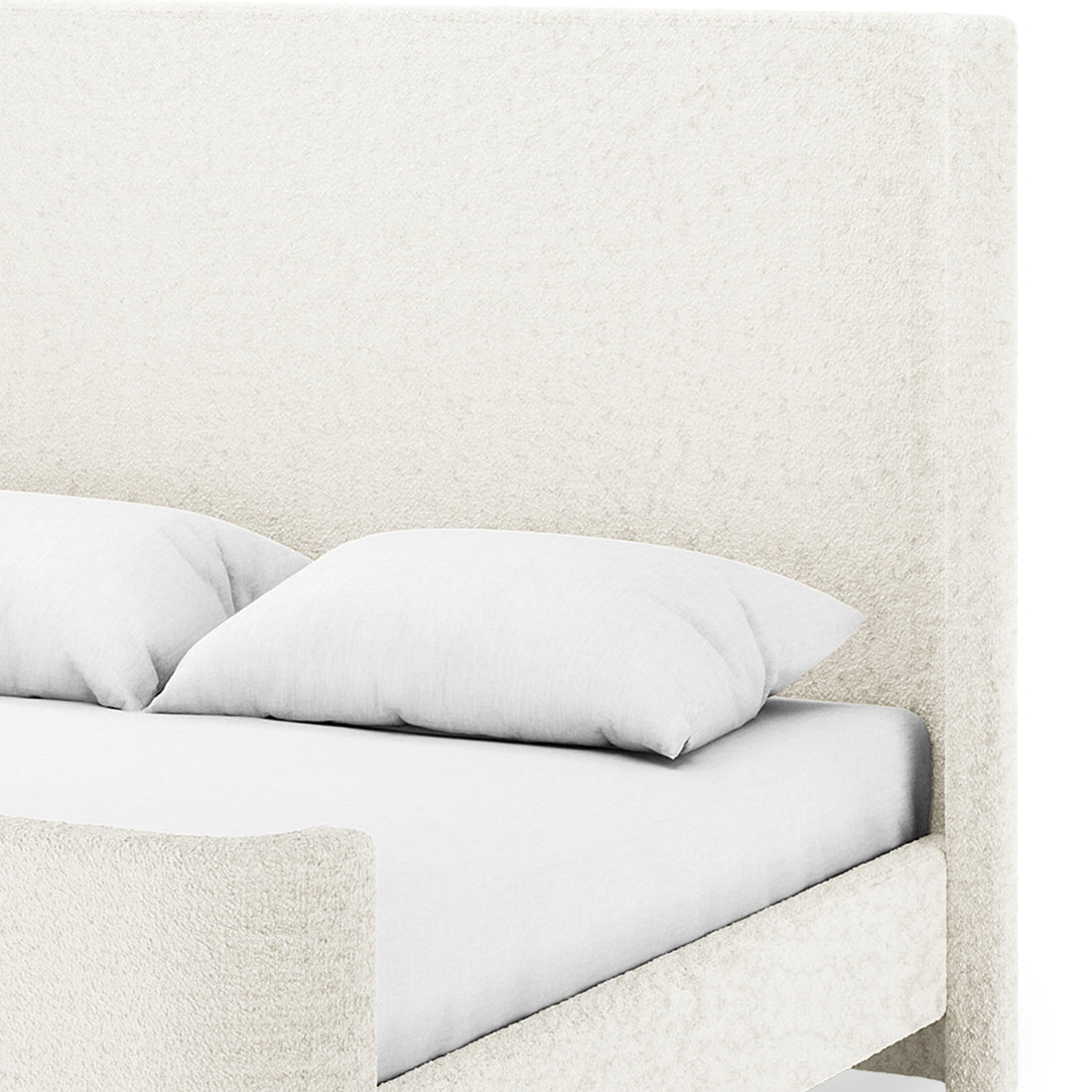 Palmira Queen Boucle Fabric Bed Frame in Cream White features a cream upholstered headboard and low-profile sleigh design, showcasing plush bouclé texture on a sturdy frame, ideal for modern bedrooms.