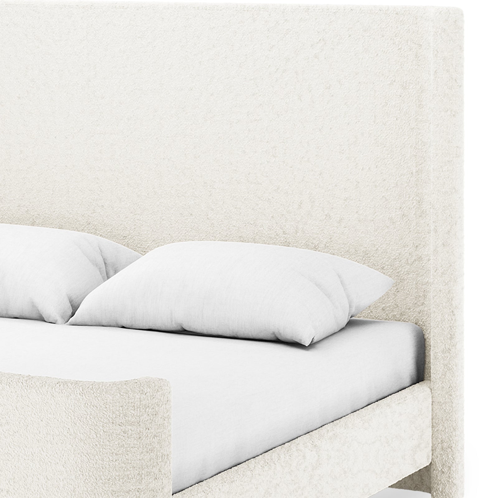Palmira Queen Boucle Fabric Bed Frame in Cream White features a cream upholstered headboard and low-profile sleigh design, showcasing plush bouclé texture on a sturdy frame, ideal for modern bedrooms.