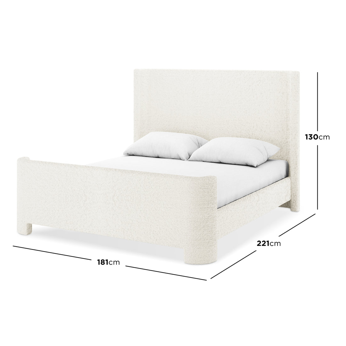 Palmira Queen Boucle Fabric Bed Frame in Cream White, featuring a sleigh design with textured bouclé upholstery, padded headboard, and low-profile structure; dimensions: 181cm width, 221cm depth, 130cm height.