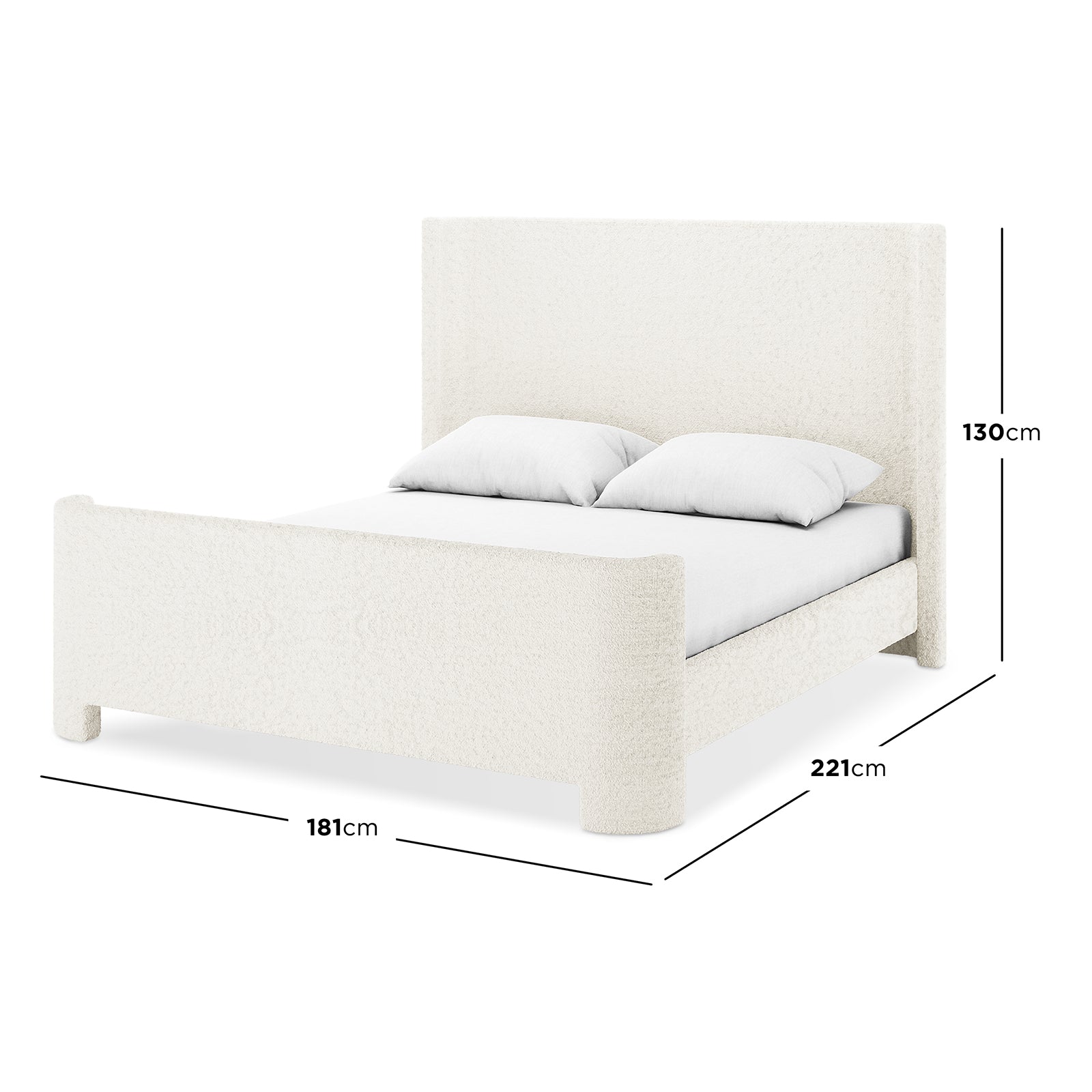 Palmira Queen Boucle Fabric Bed Frame in Cream White, featuring a sleigh design with textured bouclé upholstery, padded headboard, and low-profile structure; dimensions: 181cm width, 221cm depth, 130cm height.