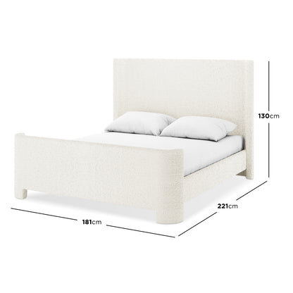 Palmira Queen Boucle Fabric Bed Frame in Cream White, featuring a sleigh design with textured bouclé upholstery, padded headboard, and low-profile structure; dimensions: 181cm width, 221cm depth, 130cm height.