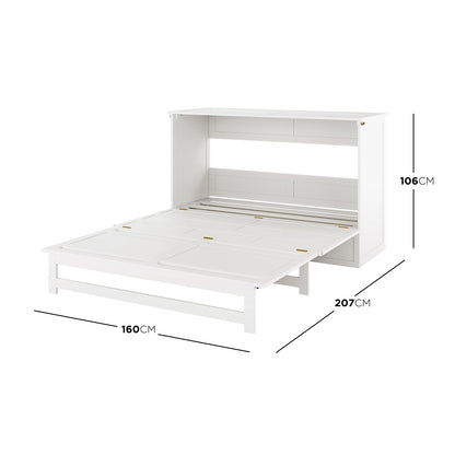 Flecter 3-Fold Queen Mattress with Penn Smart Queen Murphy Bed, showing white cabinet-style wall bed open, brass-tone hinges, dimensions: 160cm width, 207cm depth, 106cm height, ideal for space-saving living.