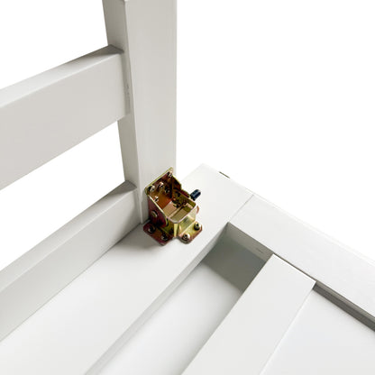Close-up of the metal folding hinge mechanism on the white Murphy bed frame, showing sturdy construction