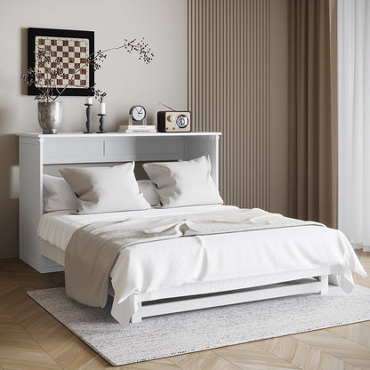 Modern bedroom corner featuring the Penn Smart Queen Murphy Bed with a white platform and integrated shelf, showcasing the Flecter 3-Fold Queen Mattress, offering seamless foldability and space-saving design.
