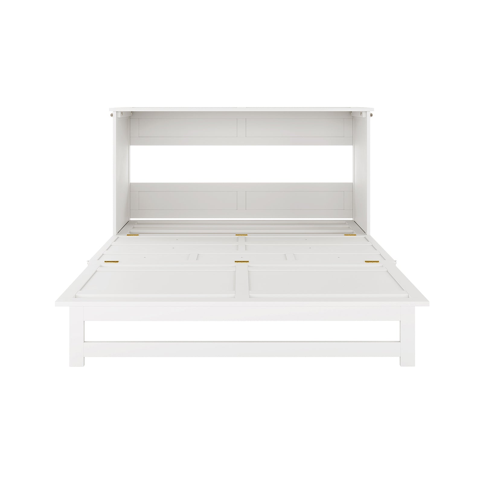 Flecter 3-Fold Queen Mattress on Penn Smart Queen Murphy Bed, shown open. White, paneled wooden frame highlights space-saving design, ideal for versatile room use with foldable mattress.