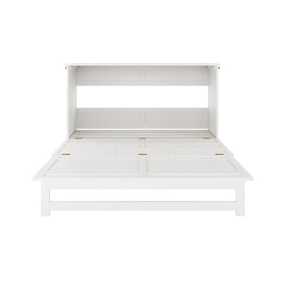 Flecter 3-Fold Queen Mattress on Penn Smart Queen Murphy Bed, shown open. White, paneled wooden frame highlights space-saving design, ideal for versatile room use with foldable mattress.