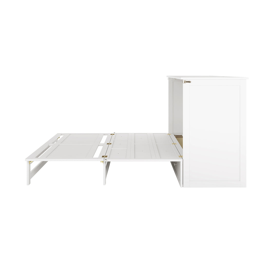Side view of a white convertible bed system, showing the bed platform detached from the main cabinet.