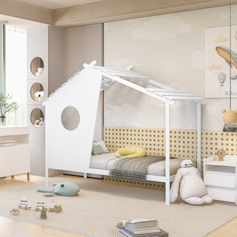 Quinta Single Solid Pine Wood Kids Bed White with an A-frame roof and porthole, featuring a grey/green plaid blanket and yellow bolster, set in a playful children's room.