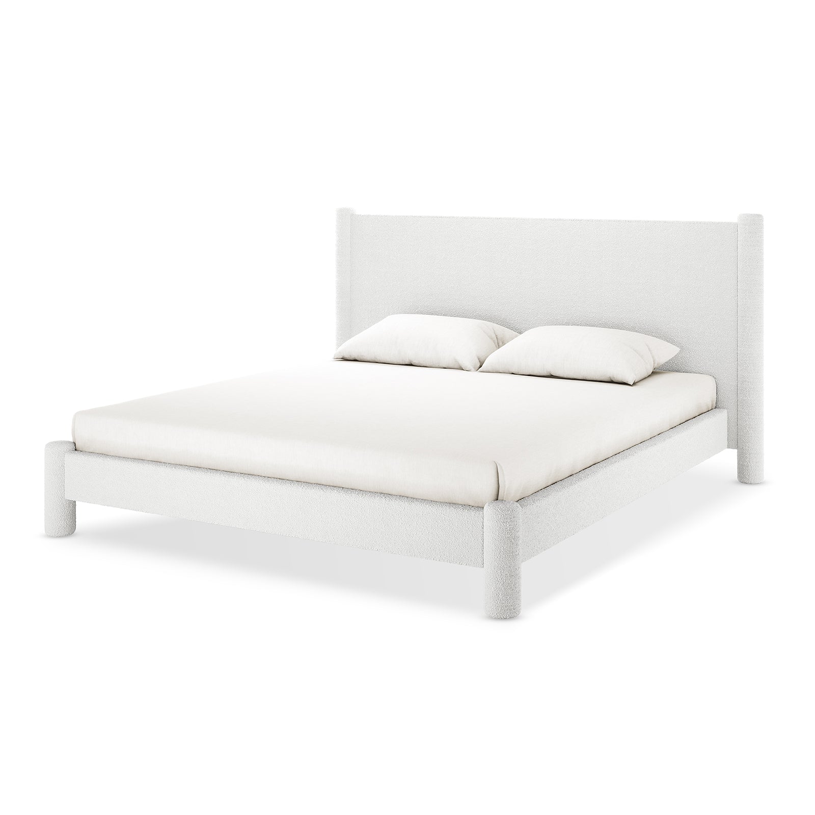 Rhoda King Upholstered Bouclé Bed in Cream White, showcasing a plush bouclé fabric with a rounded headboard and fully upholstered frame, emphasizing luxury and comfort.