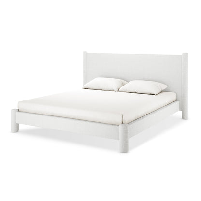 Rhoda King Upholstered Bouclé Bed in Cream White, showcasing a plush bouclé fabric with a rounded headboard and fully upholstered frame, emphasizing luxury and comfort.