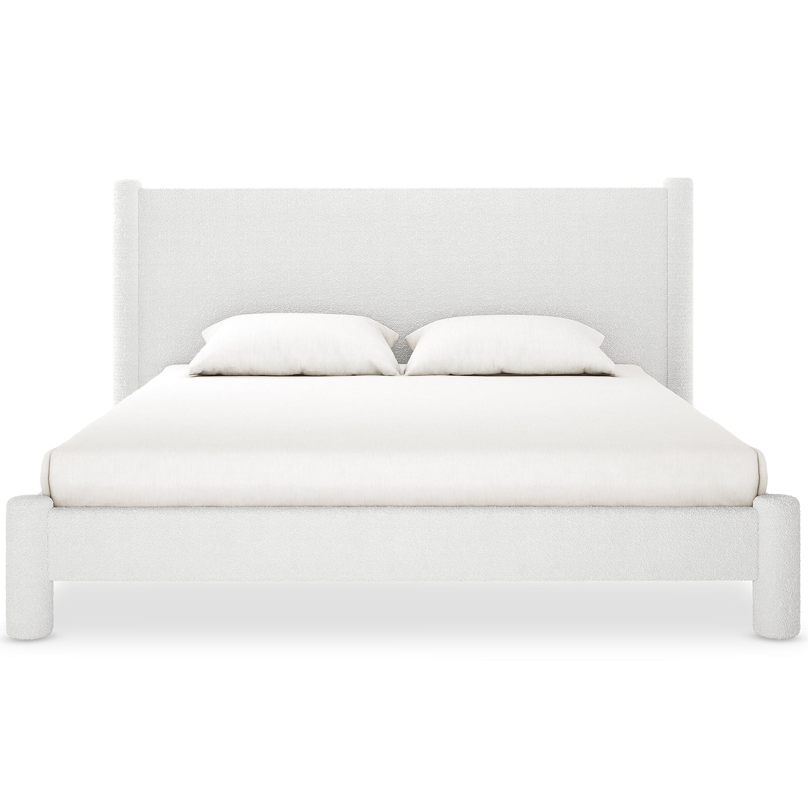 Rhoda King Upholstered Bouclé Bed in Cream White features a plush, rounded headboard and fully upholstered frame, showcasing its luxurious design and sturdy build with visible soft bouclé fabric texture.