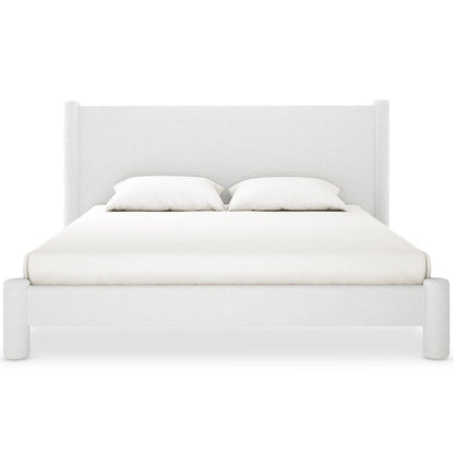 Rhoda King Upholstered Bouclé Bed in Cream White features a plush, rounded headboard and fully upholstered frame, showcasing its luxurious design and sturdy build with visible soft bouclé fabric texture.