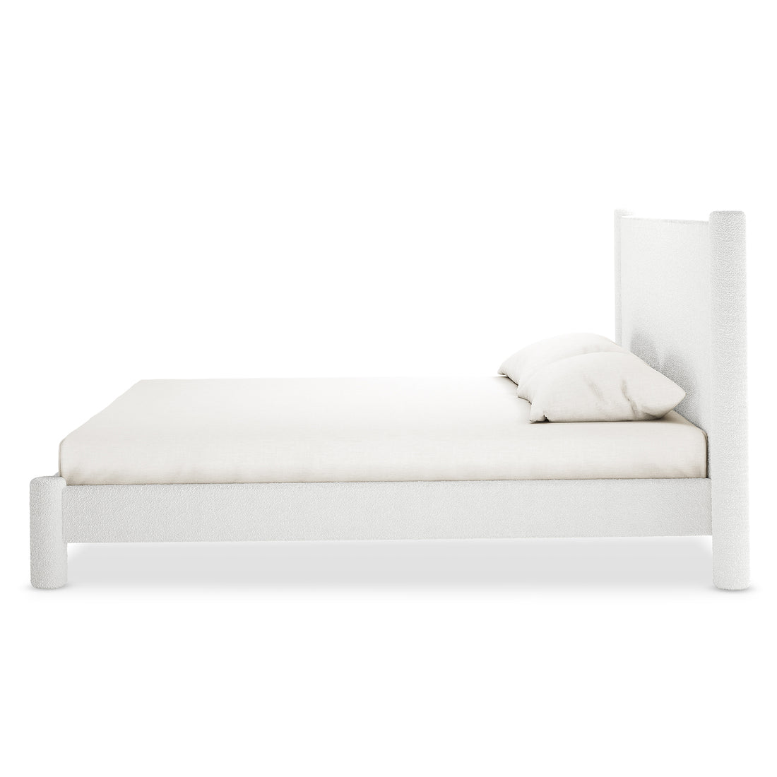 Rhoda King Upholstered Bouclé Bed in Cream White features a soft, rounded headboard and plush bouclé fabric, showcasing a luxurious, fully upholstered frame ideal for elegant, spacious master bedrooms.