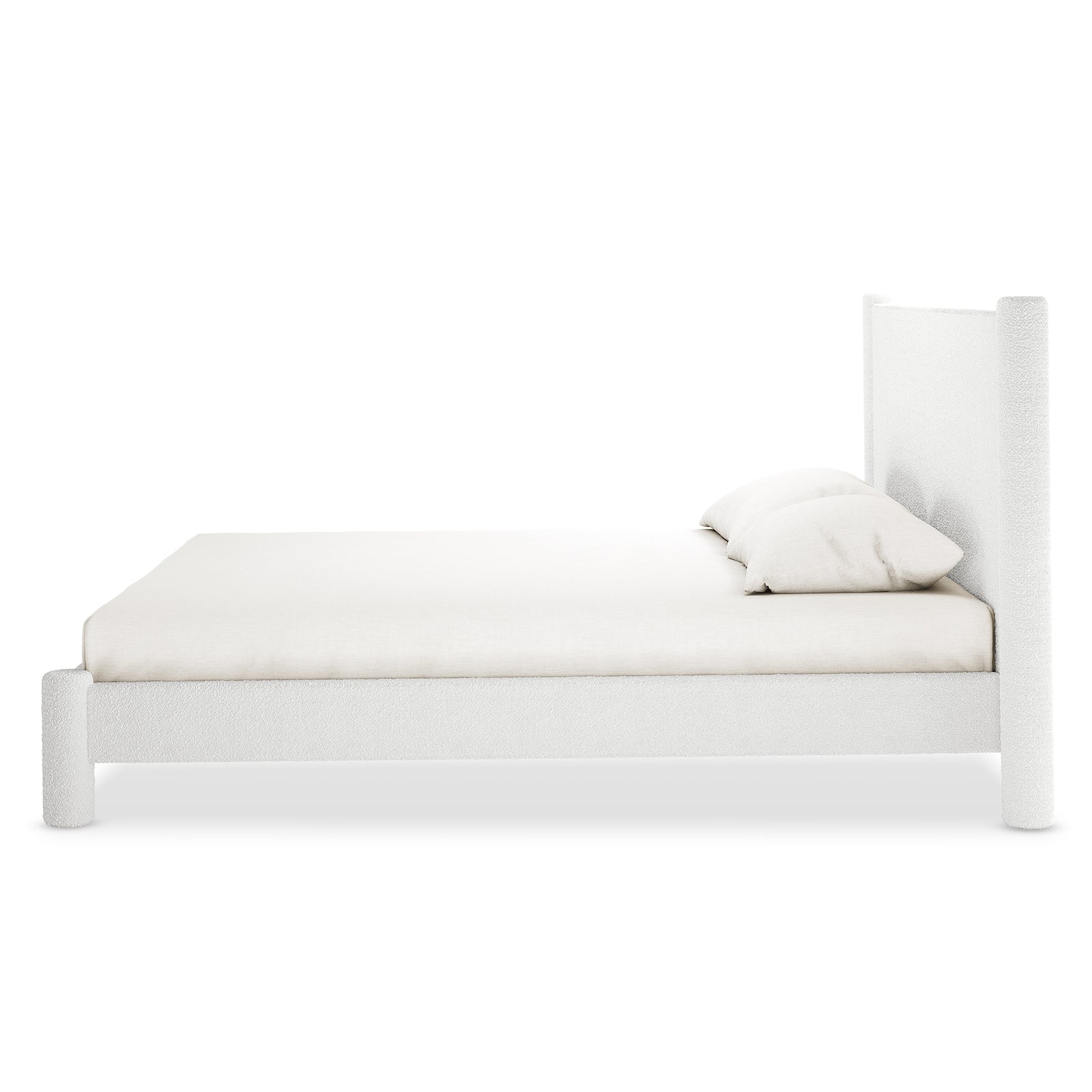 Rhoda King Upholstered Bouclé Bed in Cream White features a soft, rounded headboard and plush bouclé fabric, showcasing a luxurious, fully upholstered frame ideal for elegant, spacious master bedrooms.