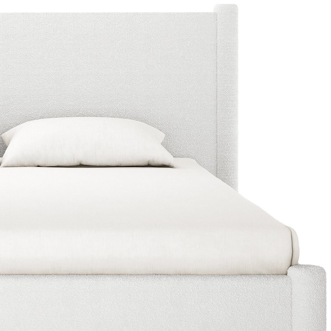 Rhoda King Upholstered Bouclé Bed in Cream White features a plush, rounded headboard and fully upholstered frame, showcasing luxurious bouclé fabric texture and a grand design for elegant bedroom appeal.