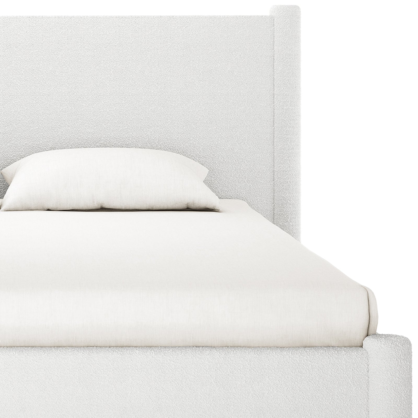 Rhoda King Upholstered Bouclé Bed in Cream White features a plush, rounded headboard and fully upholstered frame, showcasing luxurious bouclé fabric texture and a grand design for elegant bedroom appeal.