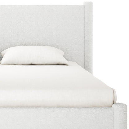 Rhoda King Upholstered Bouclé Bed in Cream White features a plush, rounded headboard and fully upholstered frame, showcasing luxurious bouclé fabric texture and a grand design for elegant bedroom appeal.